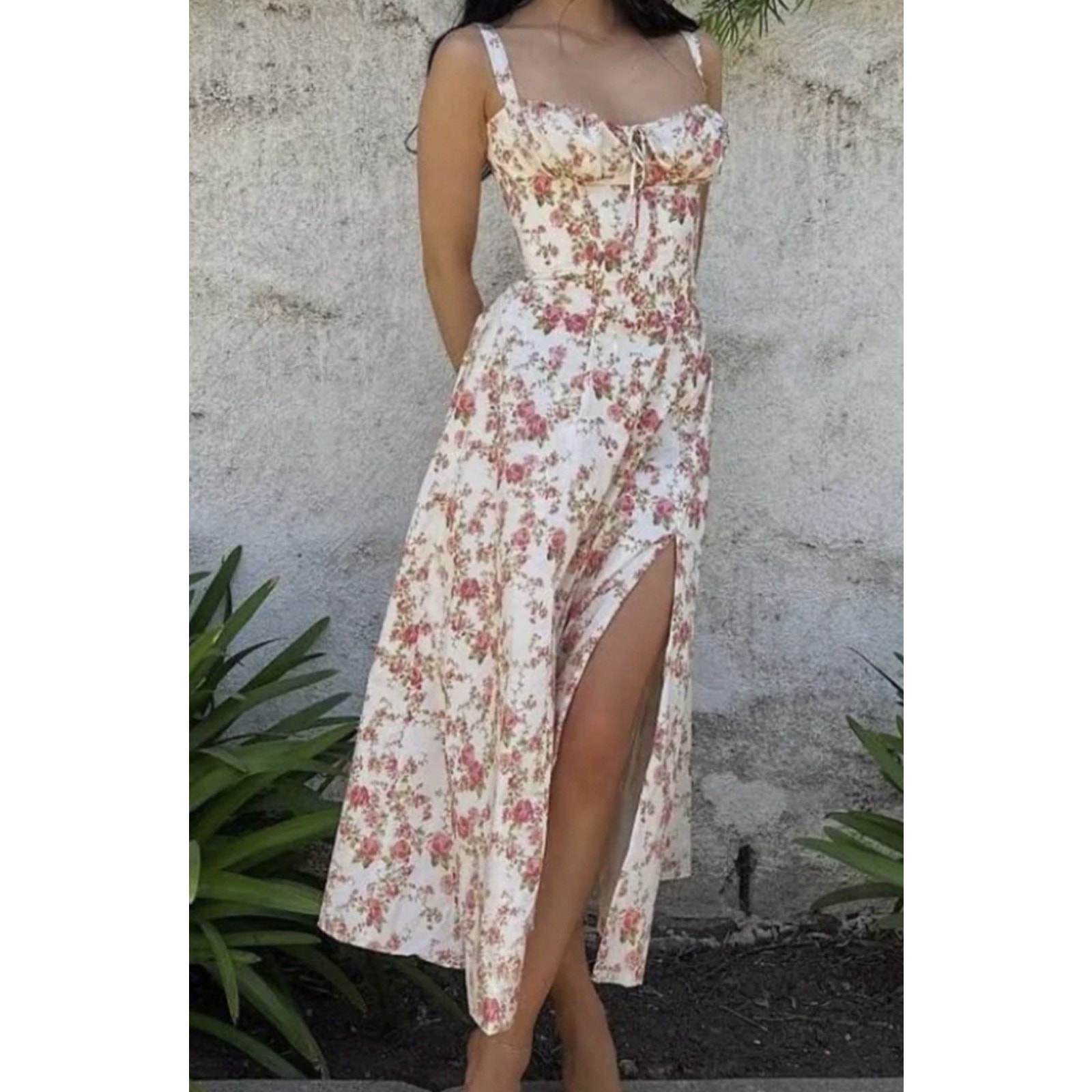 Commense Women's Rosebud Floral Print Midi Sundress Ac2, Pink/White, Medium